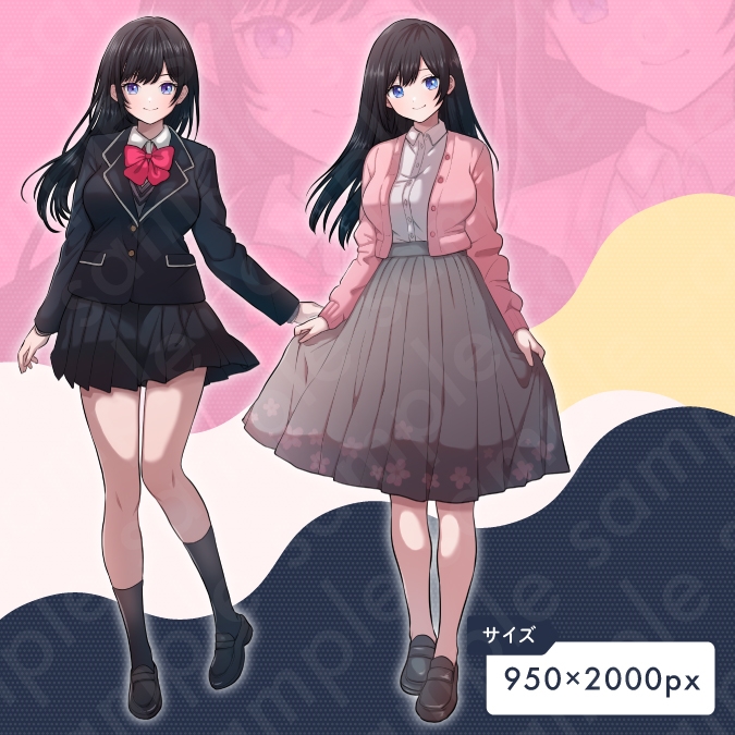 【立ち絵素材】ヒロイン系黒髪ロングヘアの女子高生イラスト・制服・私服・全身表情10種+α
