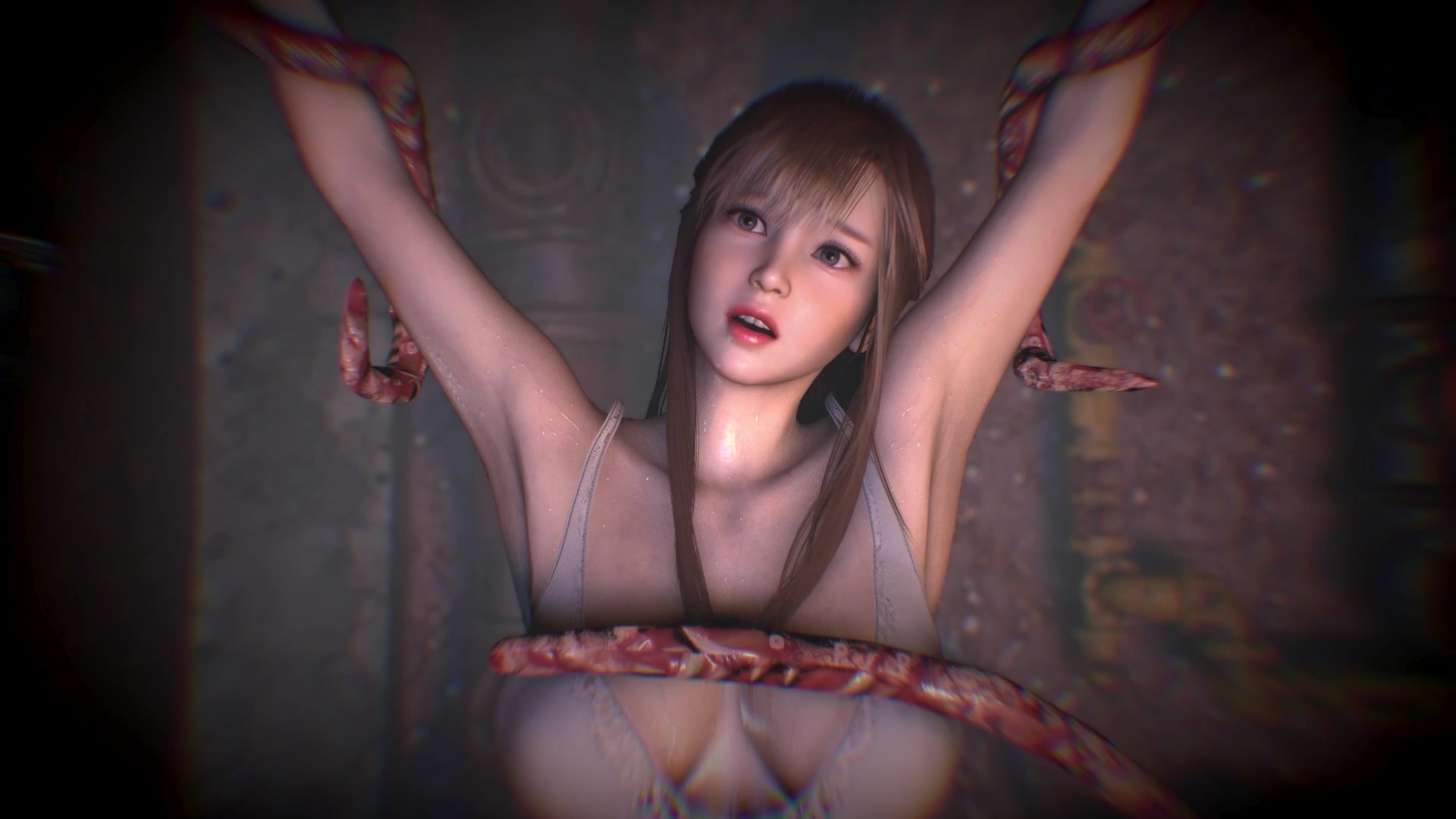 拘束されて触手に凌辱される美乳美女