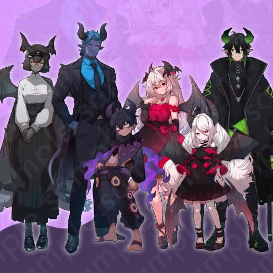 【立ち絵素材6人セット】ツノや羽が生えている魔族男女キャラクターイラスト・姫・王子・執事・案内人・ファンタジー・全身表情10種+α