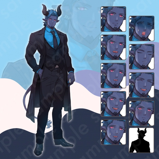 【立ち絵素材6人セット】ツノや羽が生えている魔族男女キャラクターイラスト・姫・王子・執事・案内人・ファンタジー・全身表情10種+α