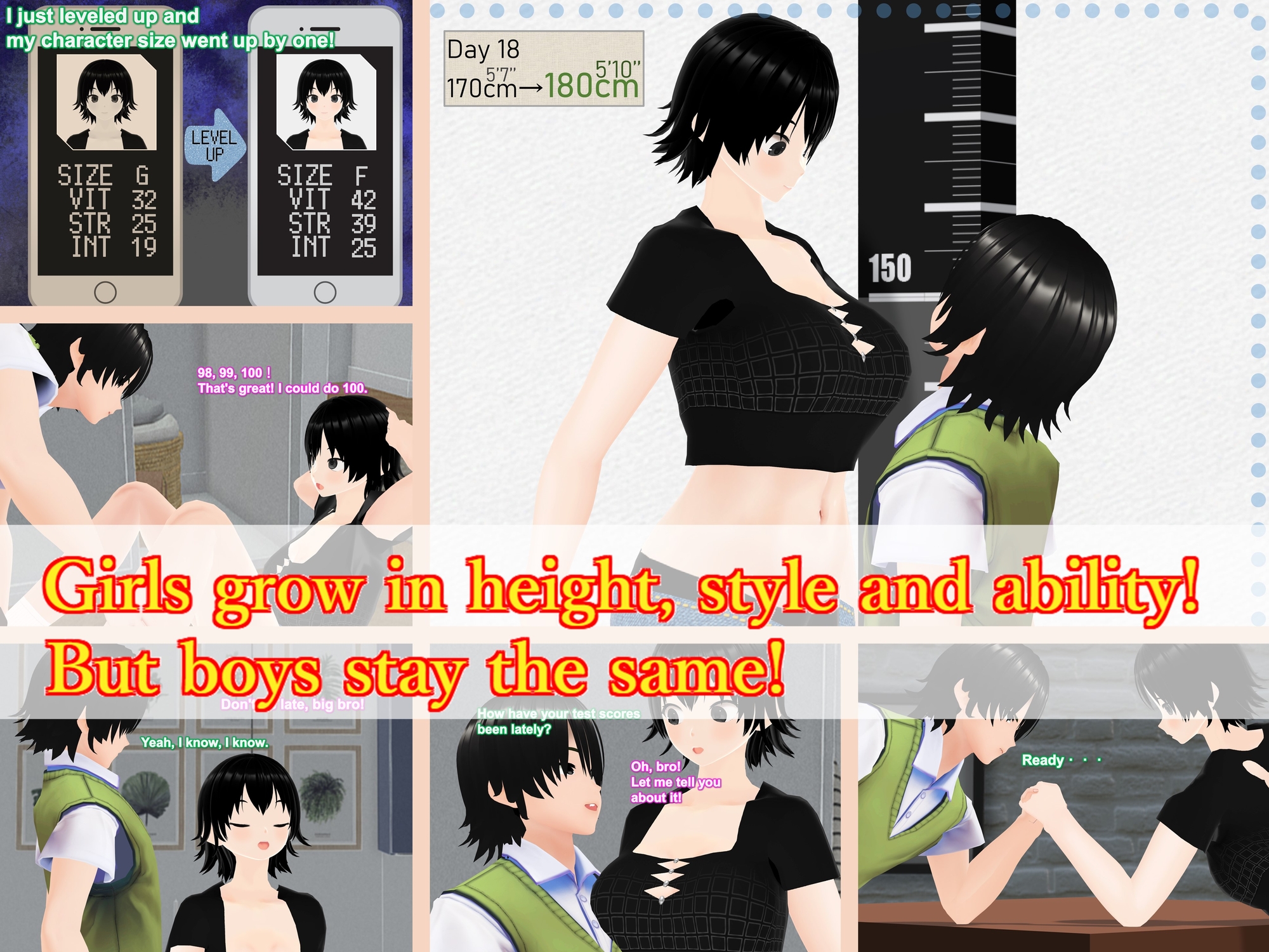 Outgrowing only girls, Overtake boys, Growth sound. Stat building game App Arc