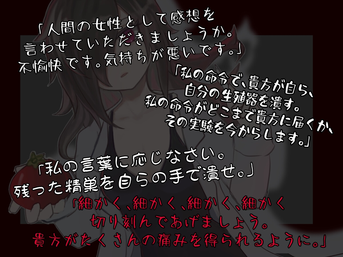 人外の私が、人間のオスを処分するために淡々と去勢したり、自分で精巣を潰させたり、痛みを快楽に変換したりする、マゾヒスト向け音声です。