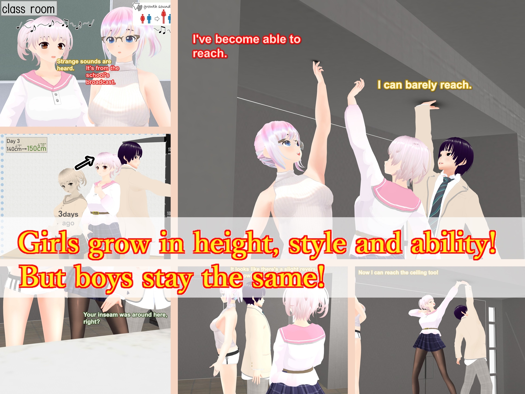 Outgrowing only girls, Overtake boys, Growth sound Low-ceiling room Arc