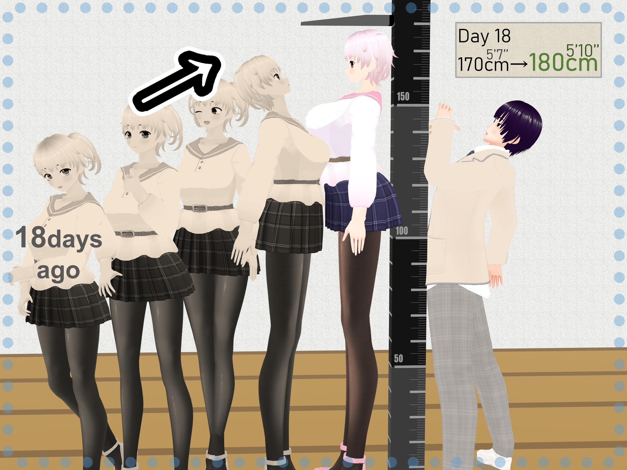 Outgrowing only girls, Overtake boys, Growth sound Low-ceiling room Arc