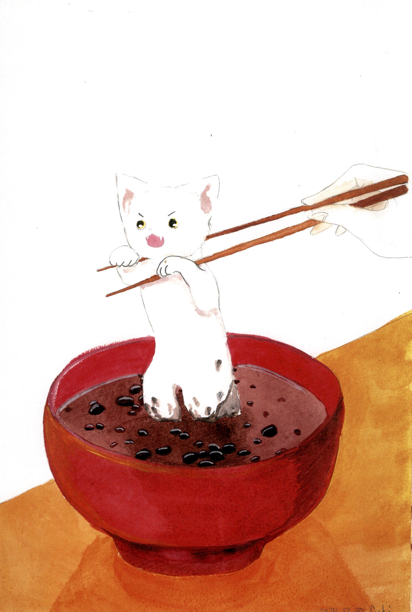 猫、食べ物に隠れんぼ。