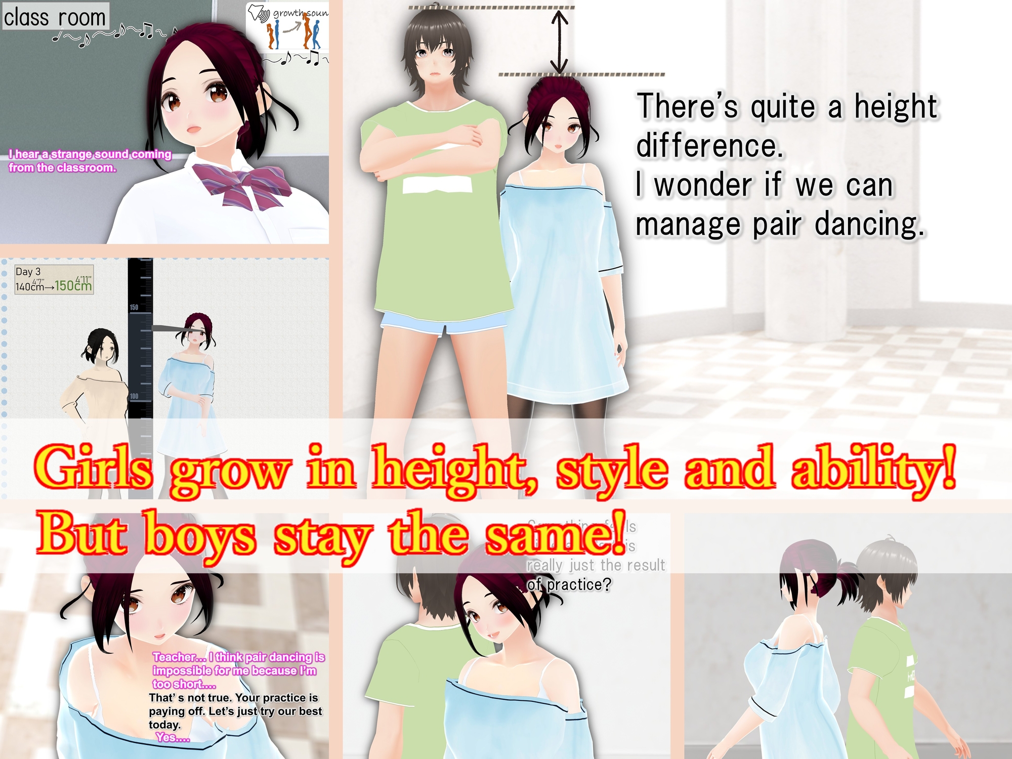 Outgrowing only girls, Overtake boys, Growth sound. Dance school Arc