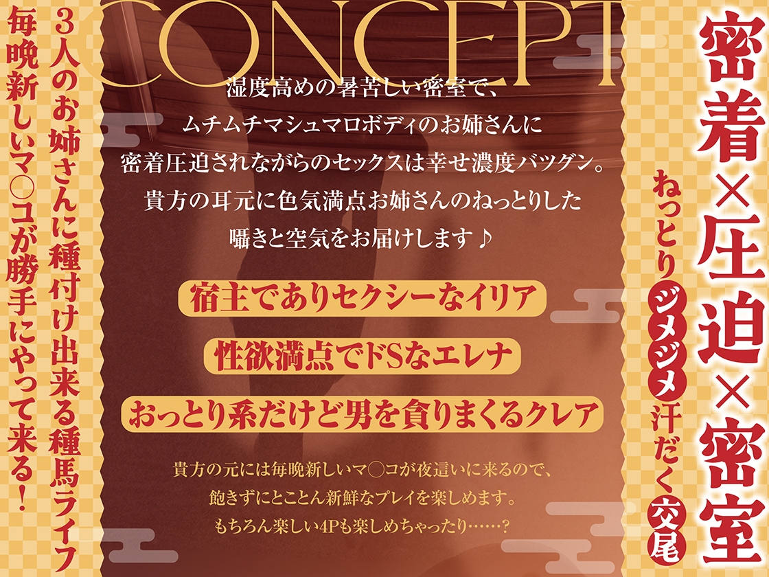 【圧迫密着汗だくムレムレ夜○い交尾】夜○いが当たり前の倫理観ぶっ飛び宿屋で、欲求不満の性豪お姉さん達に毎日夜○いされて限界搾精されるお話【ゾクゾク耳舐め吐息】