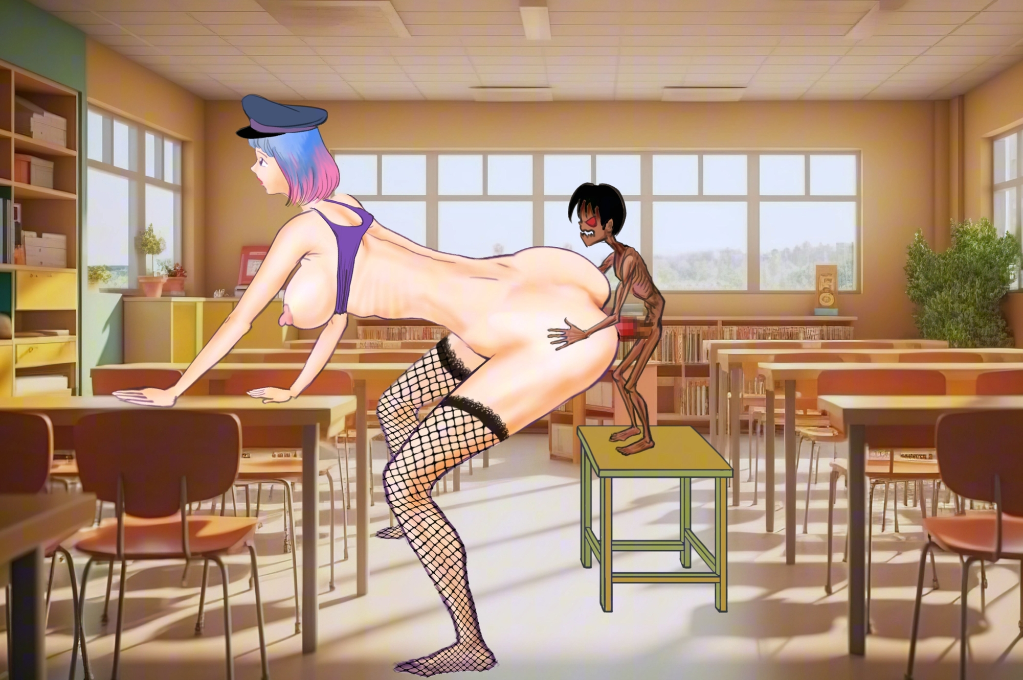 背の高い女性警備員が教室で男子生徒に強○され、腹部が肥大化した