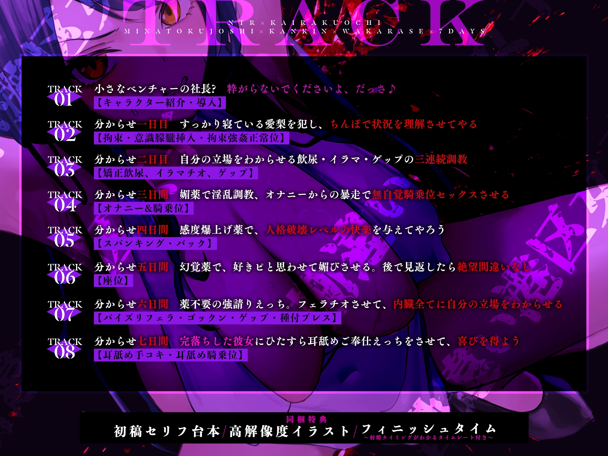 【寝取られ堕ち】彼氏持ち勘違い港区女子を監禁してわからせる7日間 ～強媚薬・感度増幅・幻覚ベタ惚れ・謝罪ご奉仕～《3大特典付き》