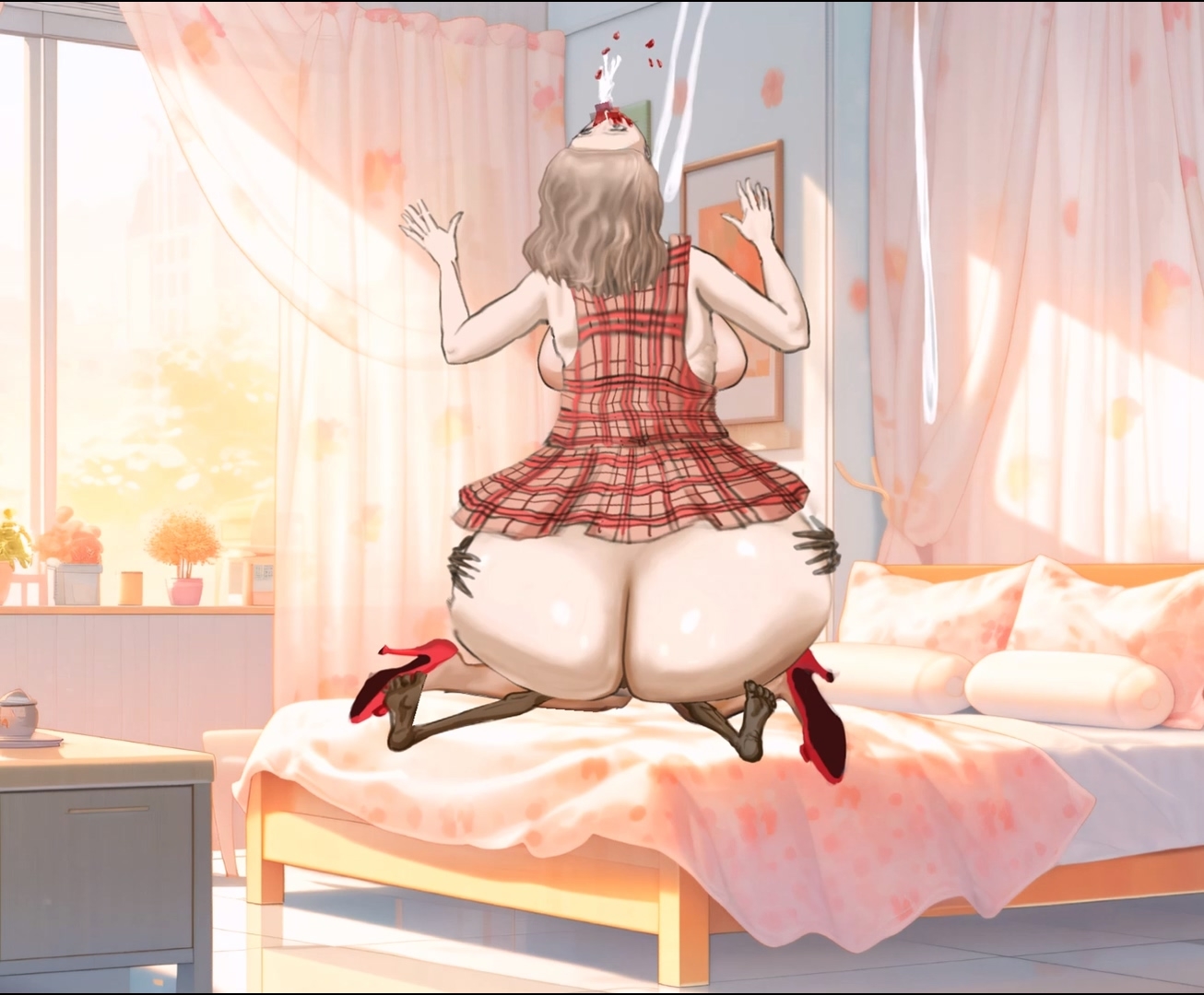 ショートヘアの女の子がオタクの超長いチンポを大きなお尻で乗る