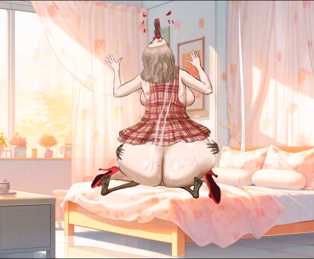 ショートヘアの女の子がオタクの超長いチンポを大きなお尻で乗る