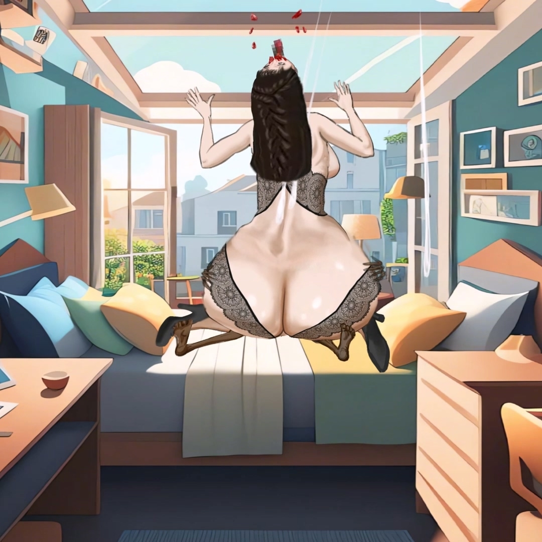 黒いストッキングを履いた背の高い若い女性が、巨大なお尻で家庭的な男の長いペニスに乗る