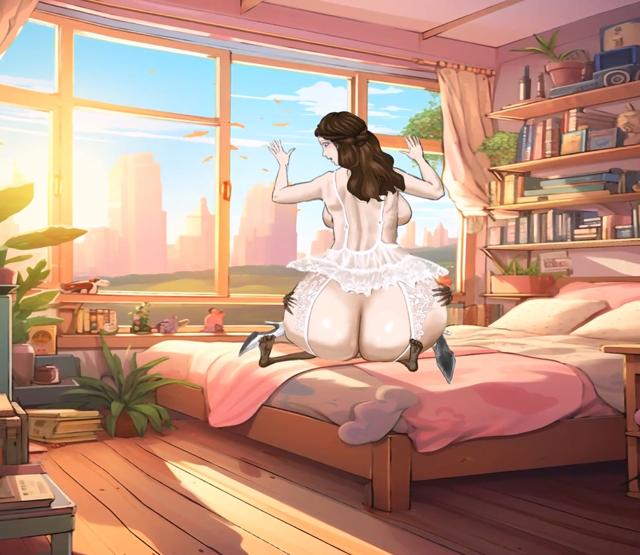 白いシルクストッキングと巨乳の若い女性が、隣に住む痩せた男の超長いチンポを巨大なお尻で乗る