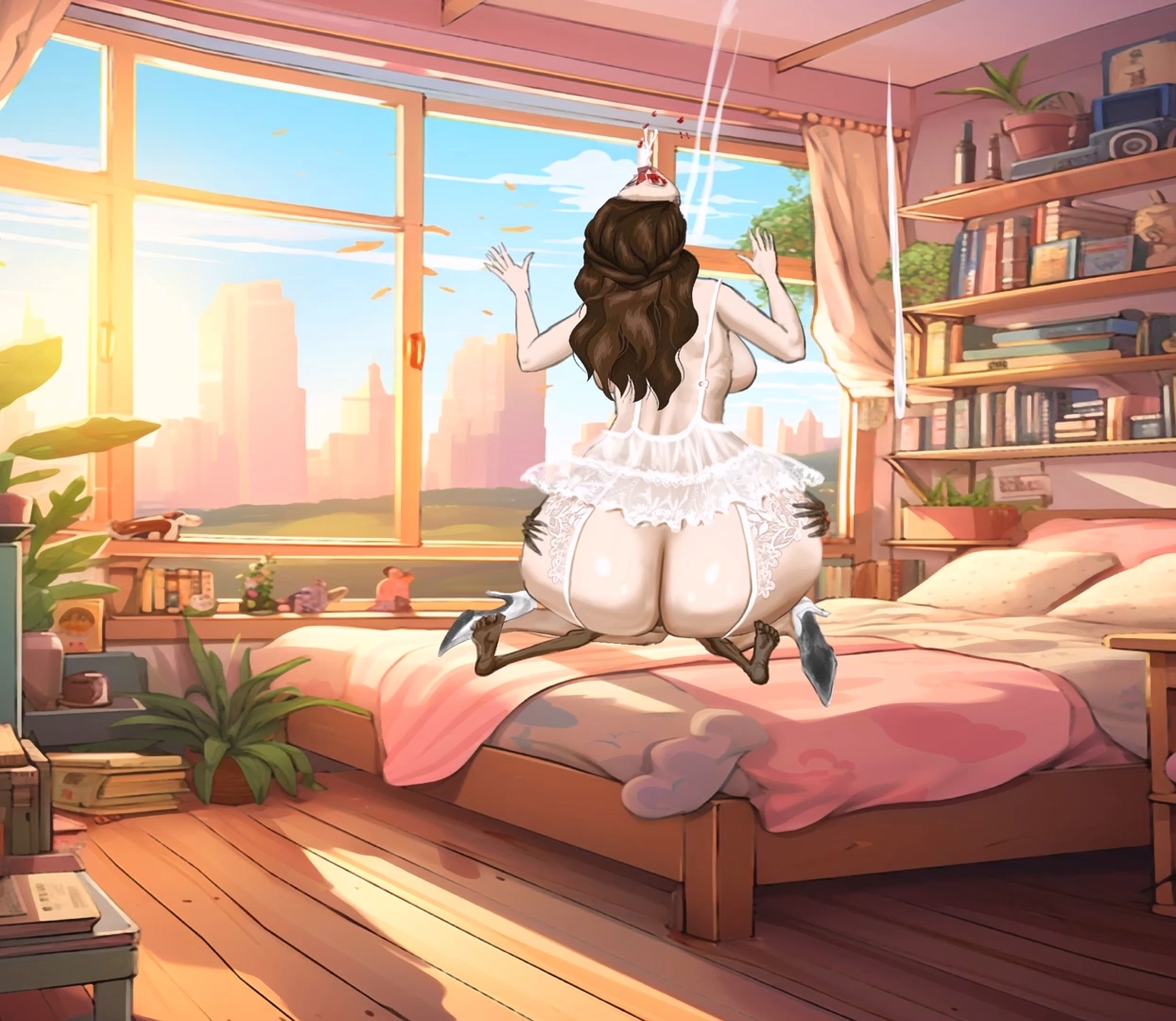 白いシルクストッキングと巨乳の若い女性が、隣に住む痩せた男の超長いチンポを巨大なお尻で乗る