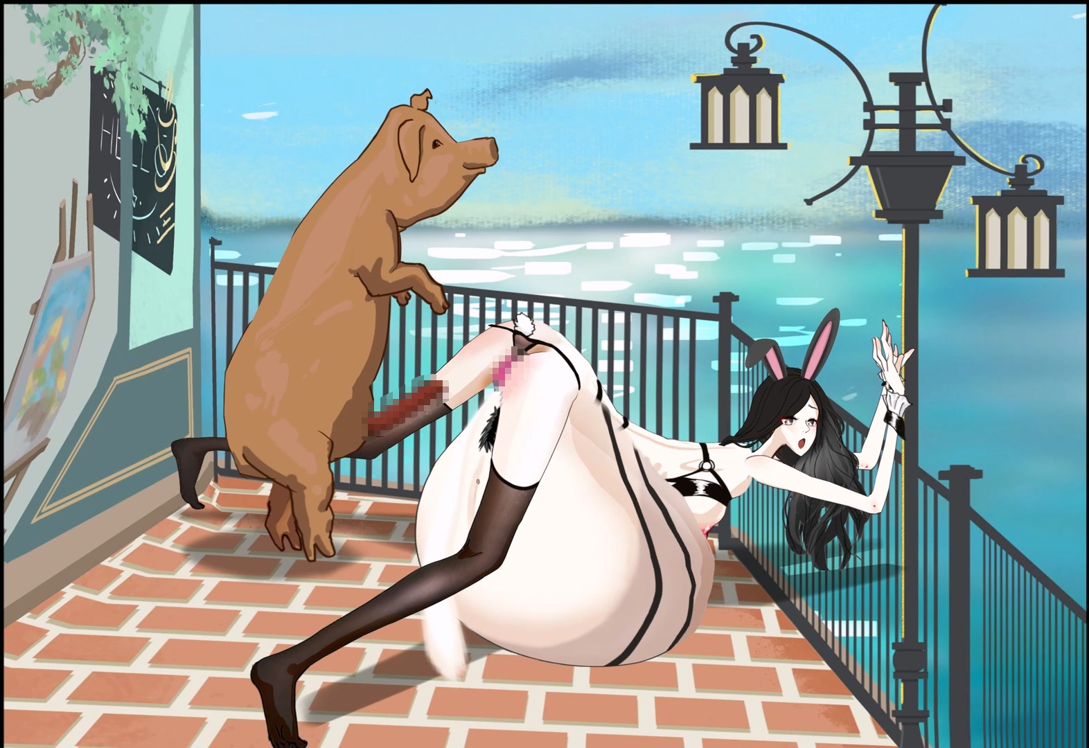 細身の黒シルクバニーガールがG4653のバルコニーで太った豚に犯された