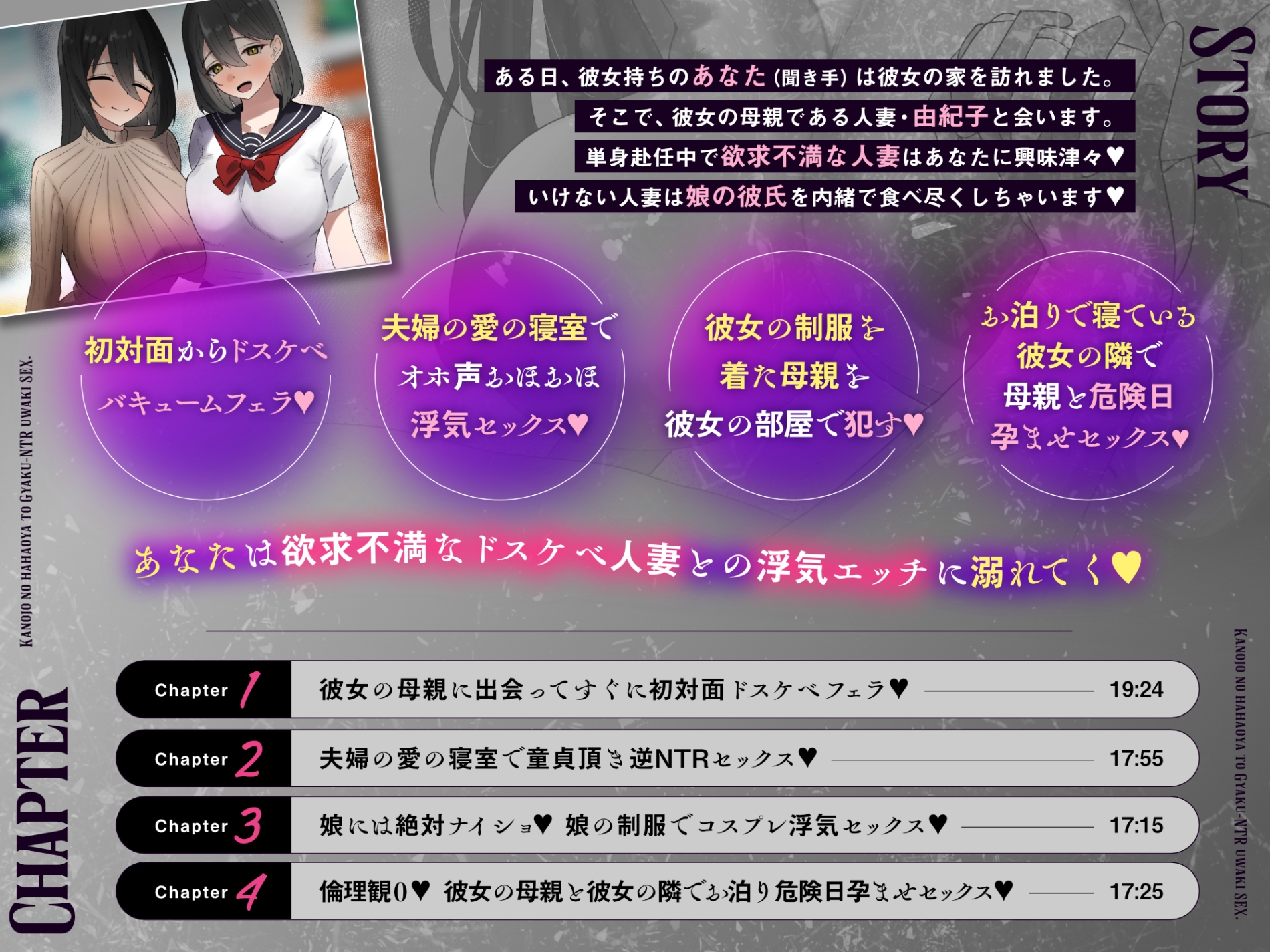 【オホ声】彼女の母親と逆NTR浮気セックス♡ ～夫が単身赴任で欲求不満なので…♡娘の彼氏の童貞♡いただいちゃいます♡～【KU100】