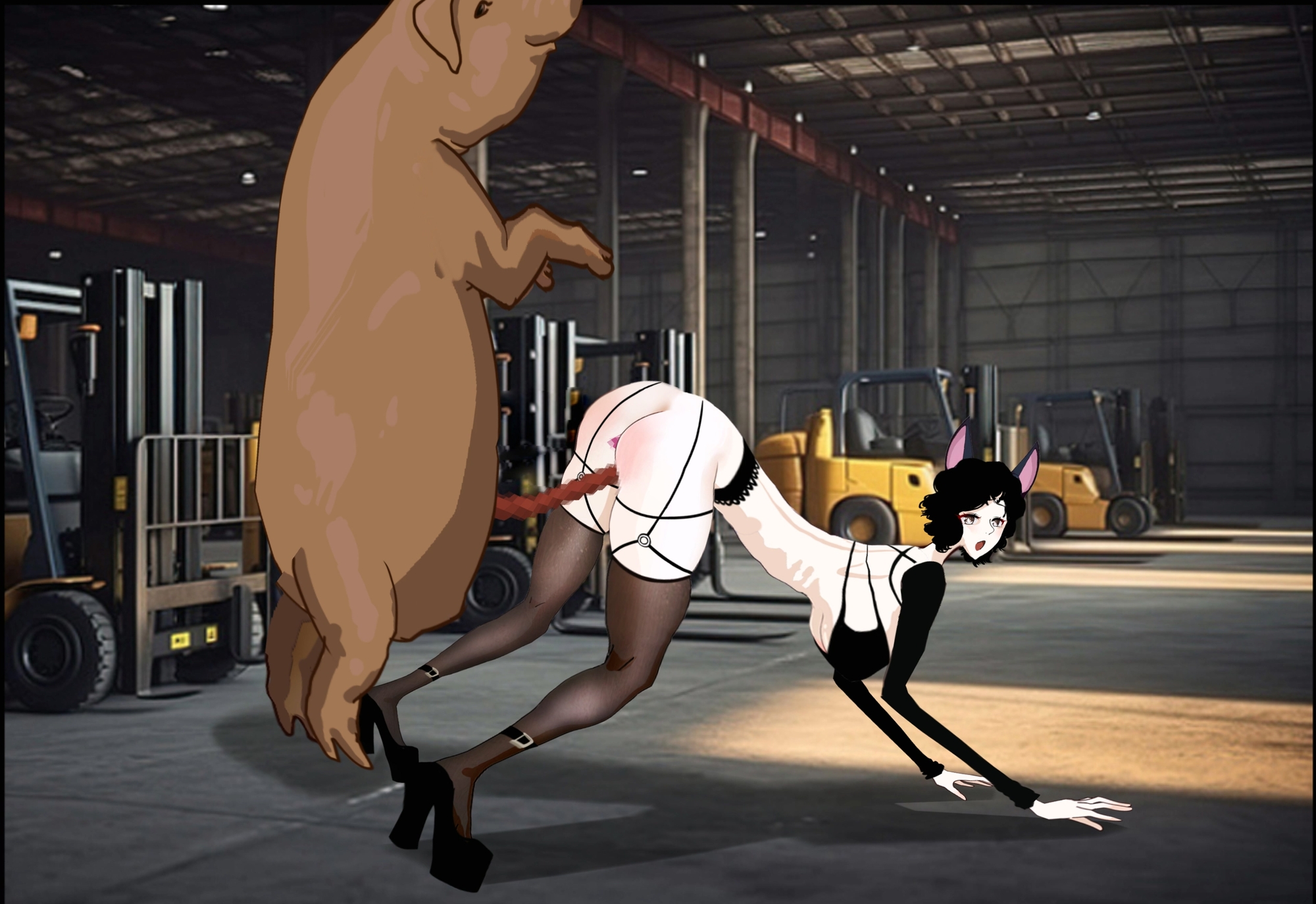 フォークリフト工場で豚に犯される黒シルクの猫娘奴○