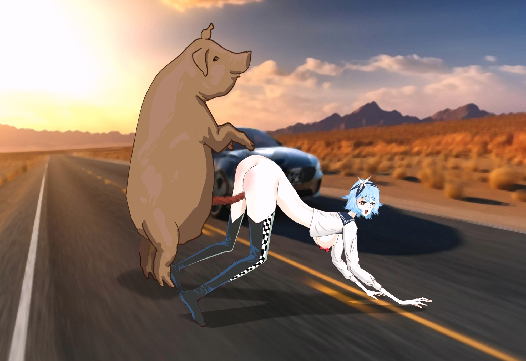 女性レーサーが道端で豚に犯される