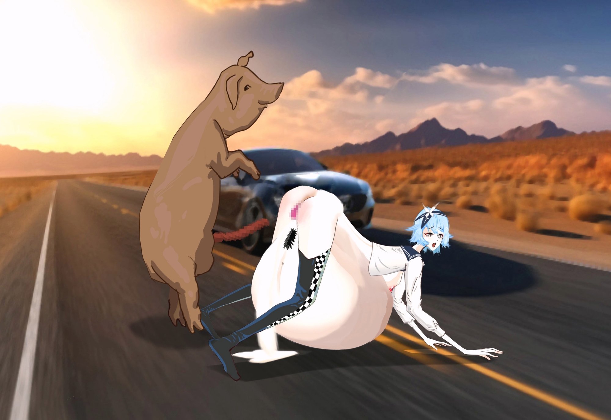 女性レーサーが道端で豚に犯される