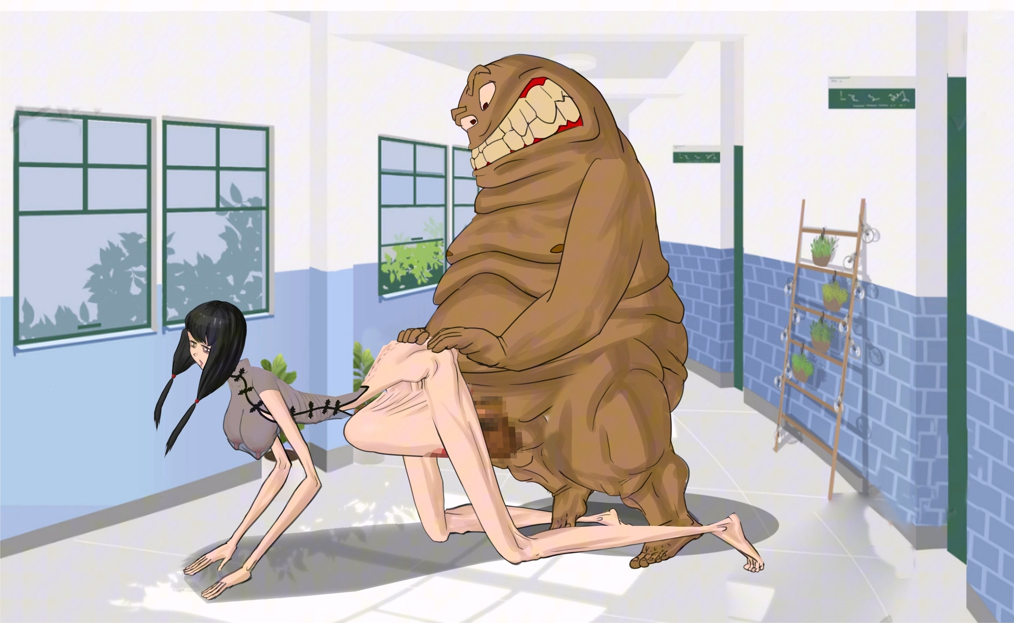チャイナドレスを着た痩せた少女は、モンスター校長に膣が脱出し、お腹が膨らむまでレ○プされた