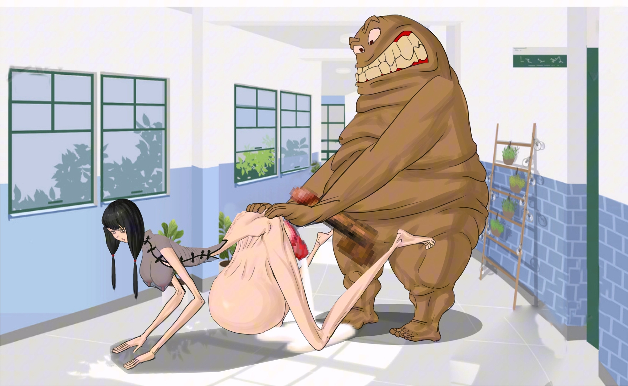チャイナドレスを着た痩せた少女は、モンスター校長に膣が脱出し、お腹が膨らむまでレ○プされた