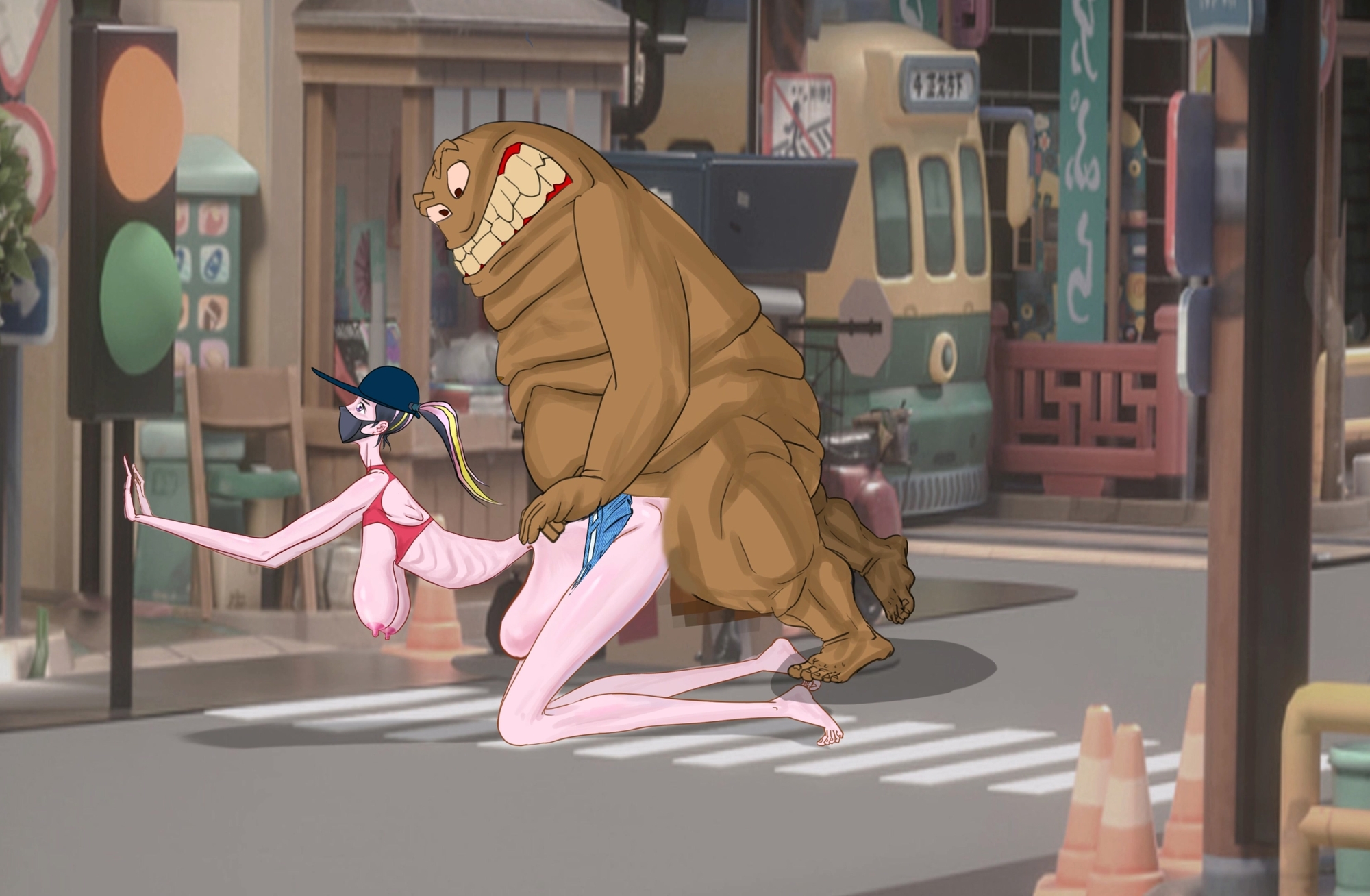 背が高くて細身の女性が道路を横断中に怪物に襲われ、膣脱を起こした