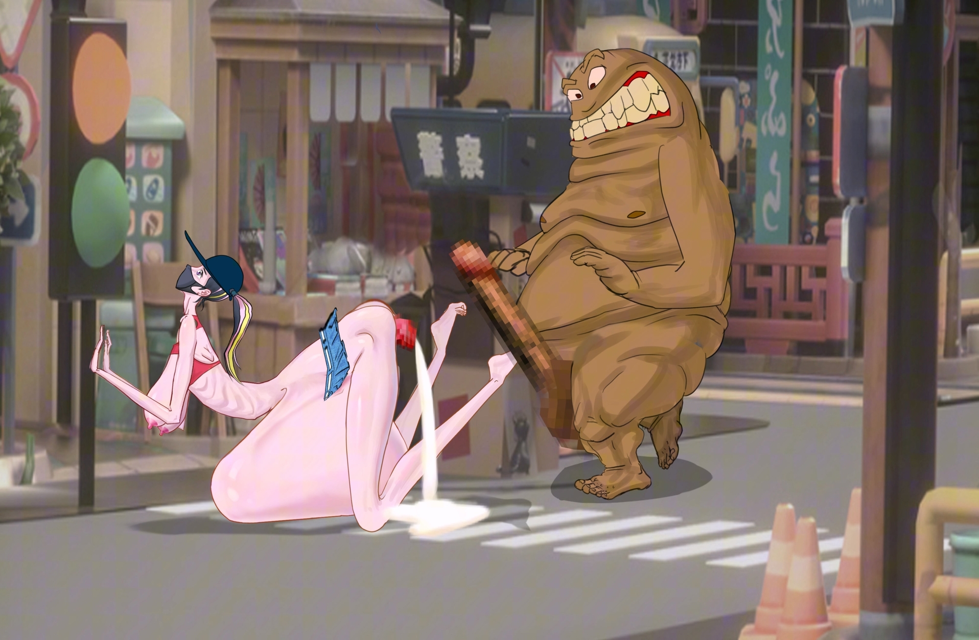 背が高くて細身の女性が道路を横断中に怪物に襲われ、膣脱を起こした