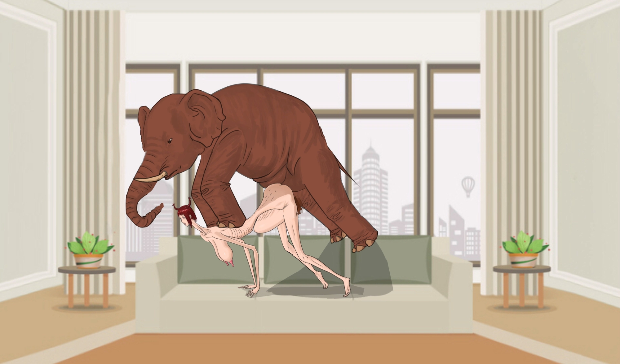 細身で長髪をおさげにした女性が、リビングルームのソファーで象に性的暴行を受け、膣脱を負った