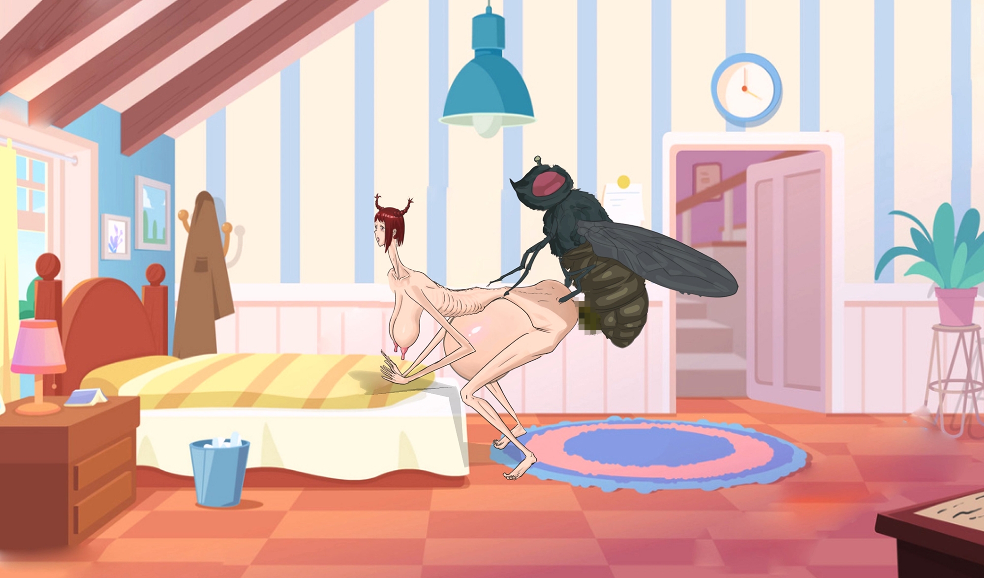 背が高くて細身の女性が寝室のベッドでハエに性的暴行を受け、膣脱を患った