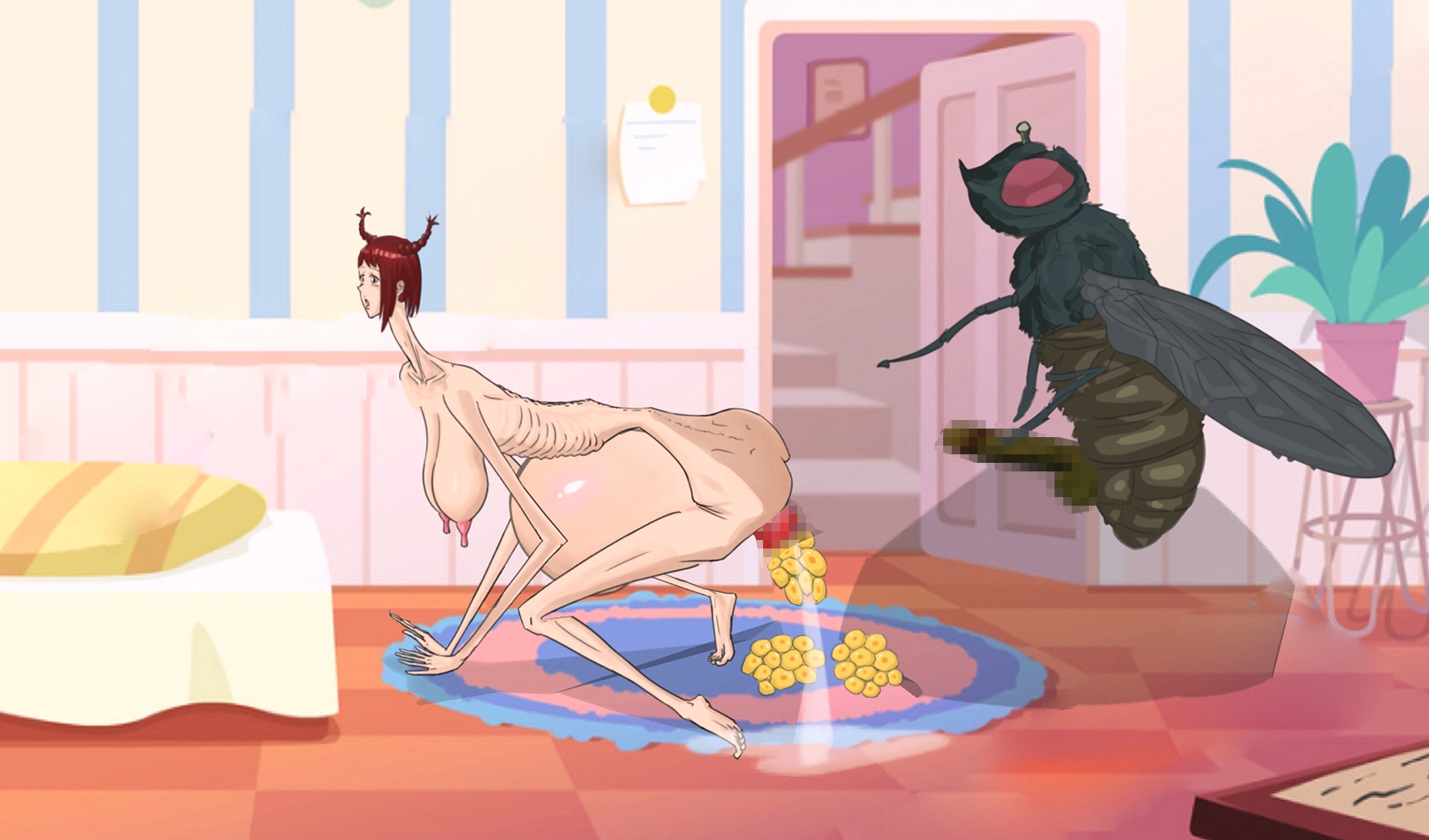 背が高くて細身の女性が寝室のベッドでハエに性的暴行を受け、膣脱を患った