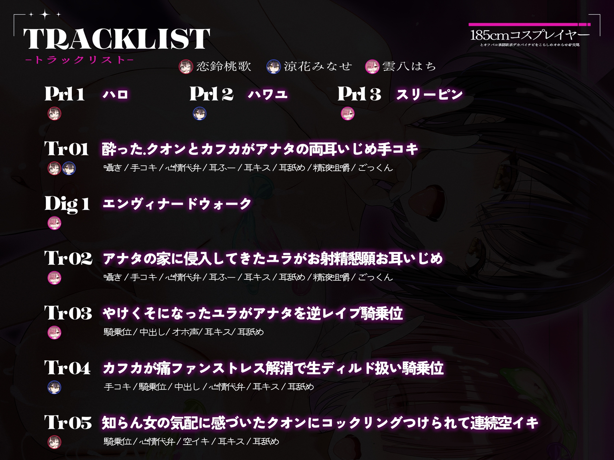 【2周年記念110円/約3時間半キス音特化フォーリー】185cmコスプレイヤーとオフパコpart3～承認欲求デカパイチビをこらしめオホらせ4P交尾～