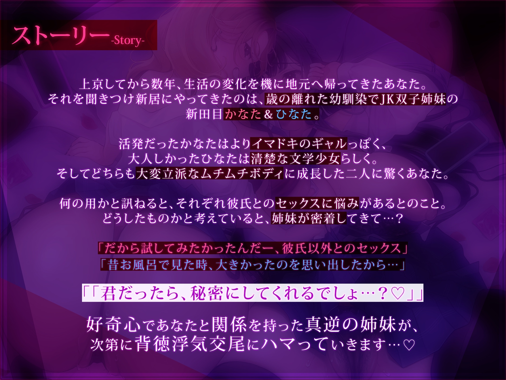 【浮気チン堕ち/ドスケベ差分イラスト付き】むちエロ年下双子姉妹が浮気交尾にハマって堕ちる～陽キャ&陰キャ幼馴染と本性わからせド下品生ハメ～【KU100】