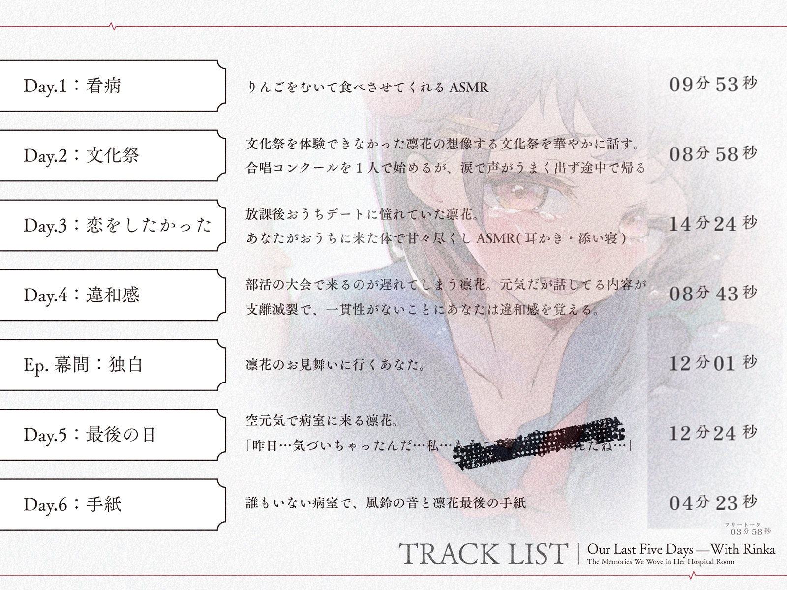 【ストーリーASMR】『凛花と最後の五日間〜病室で紡ぐ思い出〜』【CV:佐伯伊織】