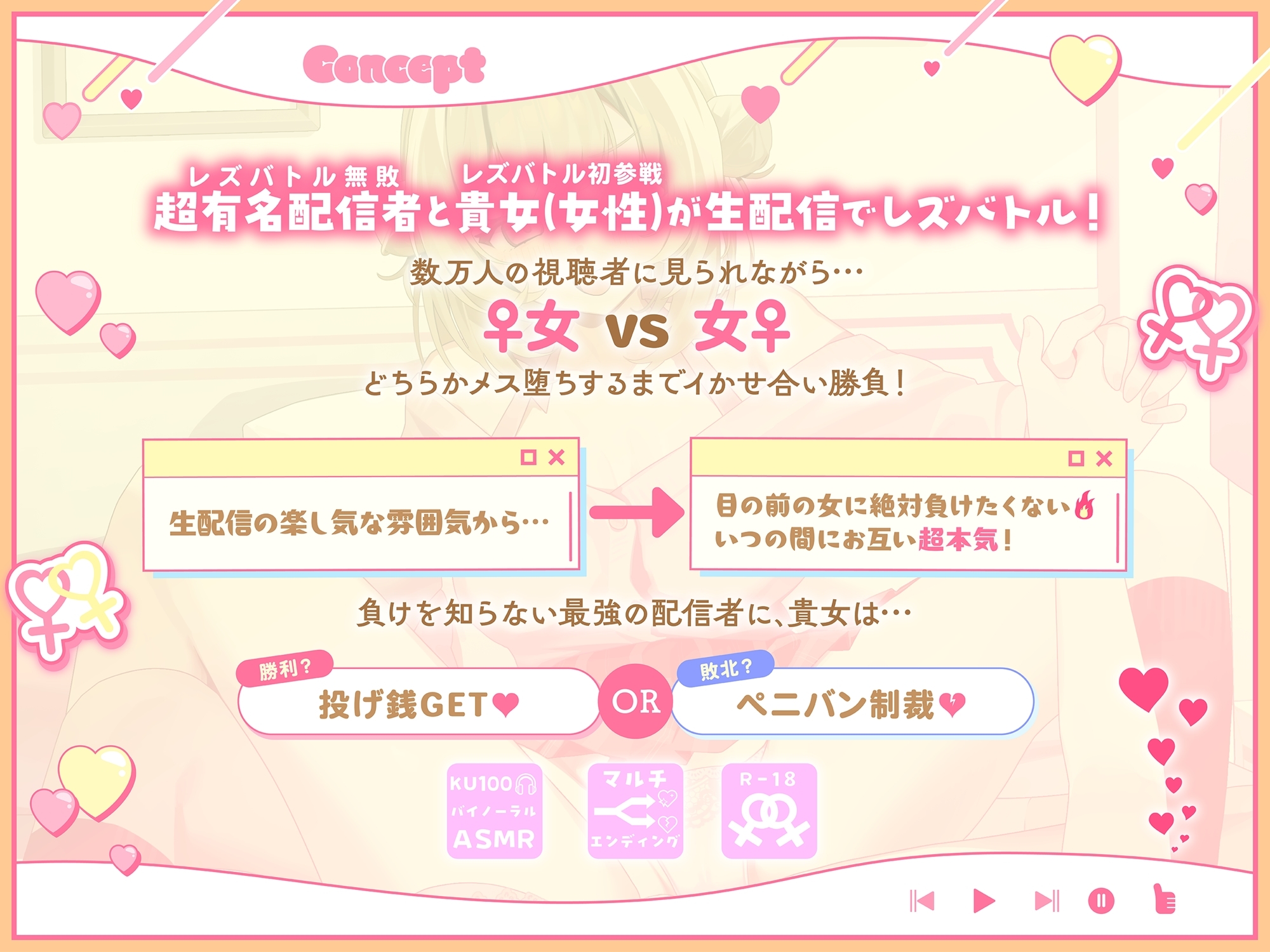 【KU100】ミオのレズバトルちゃんねる！ 登録者数100万人超！人気配信者と貴女が生配信で本気のイかせ合いレズえっち勝負！