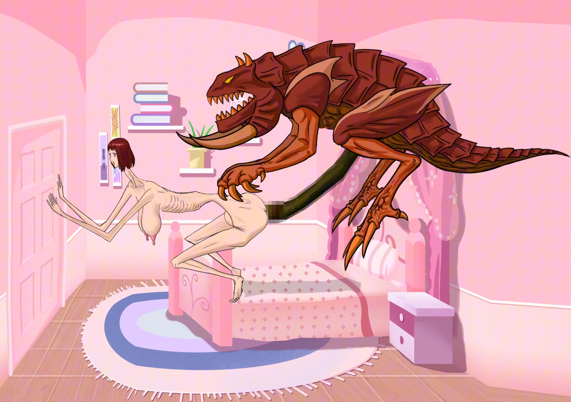 背が高くて痩せ型の女性が、角のある怪物に貫かれて子熊を出産した