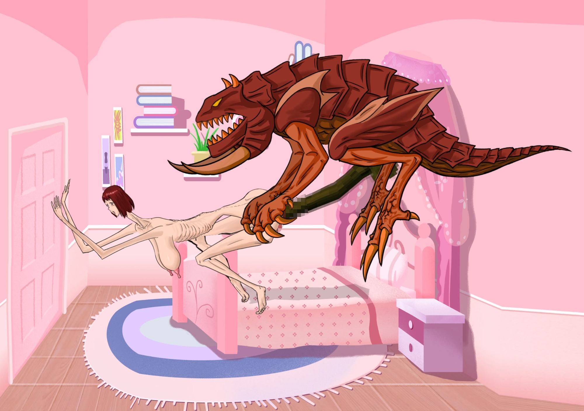 背が高くて痩せ型の女性が、角のある怪物に貫かれて子熊を出産した