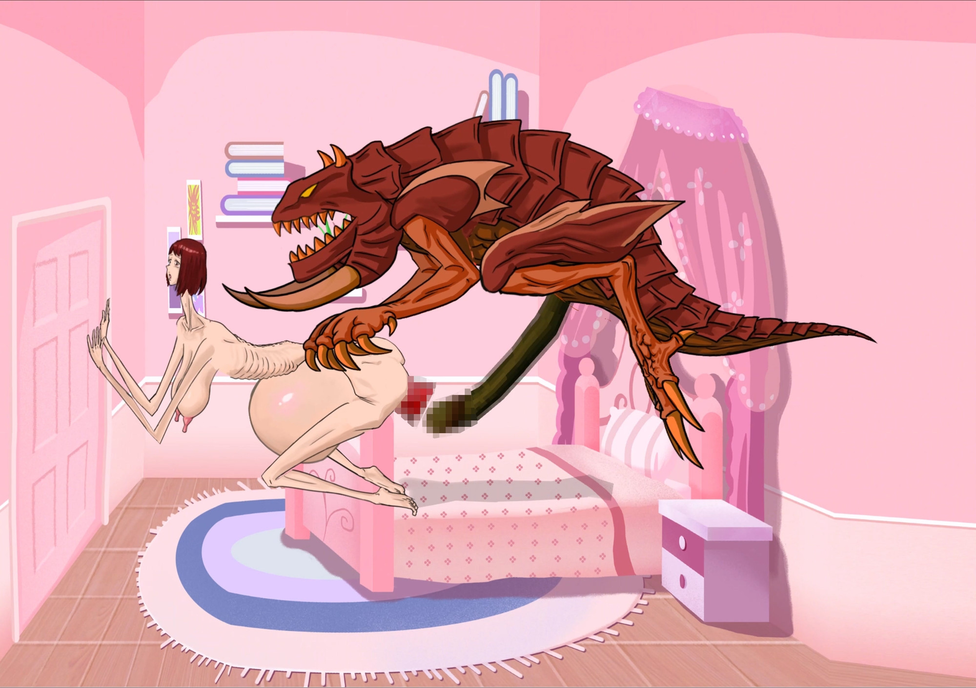 背が高くて痩せ型の女性が、角のある怪物に貫かれて子熊を出産した