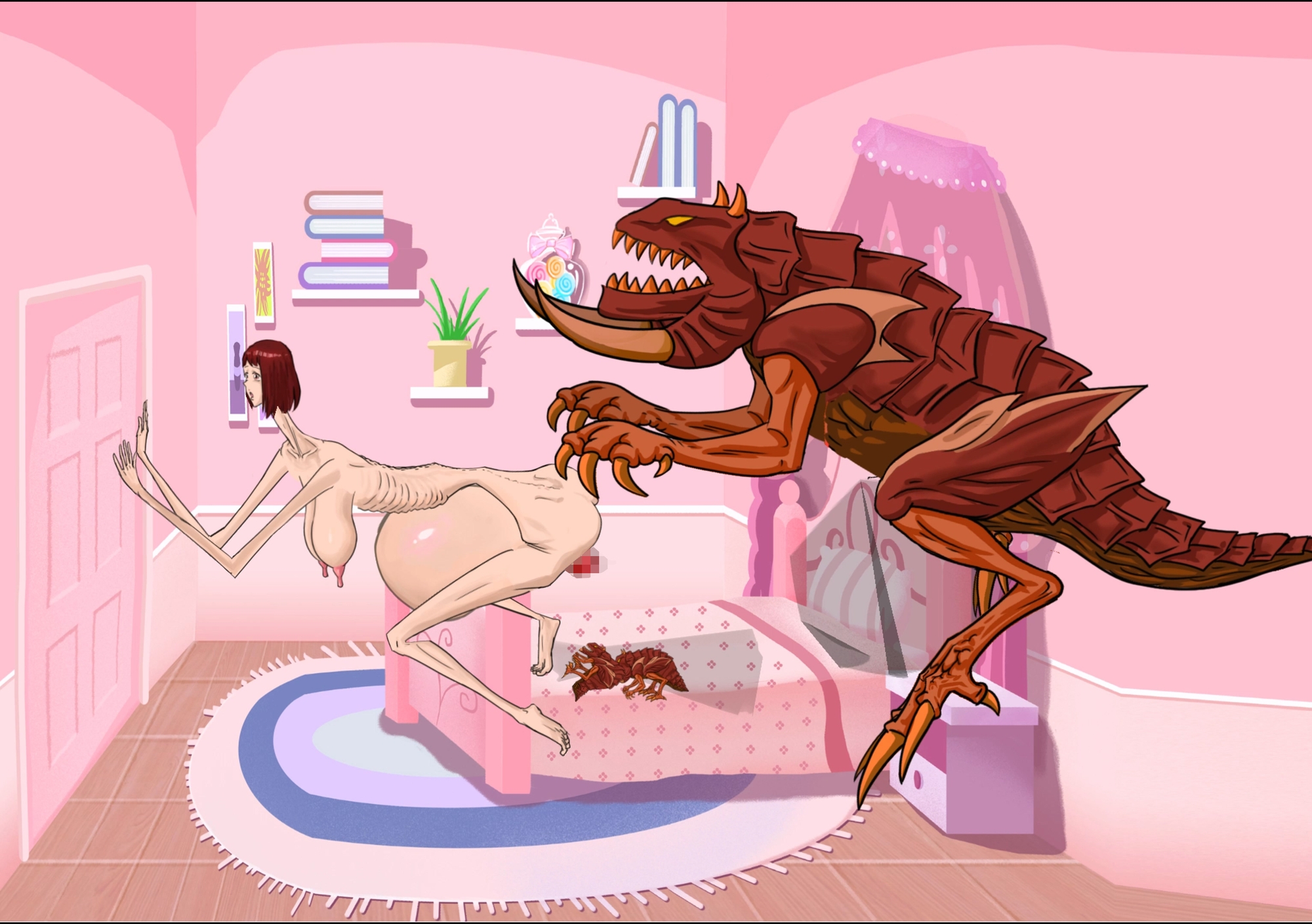 背が高くて痩せ型の女性が、角のある怪物に貫かれて子熊を出産した