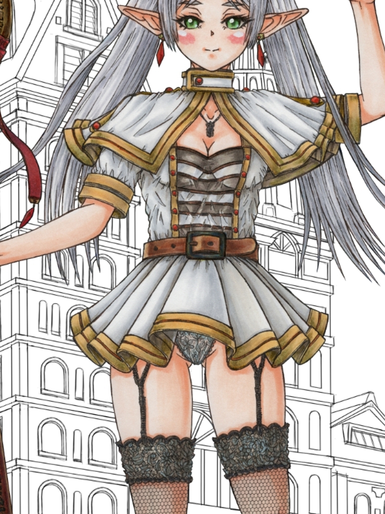 葬送のフリー〇ン、フリー〇ンとゲストキャラのイラスト。アナログのコピック系作品(フリー〇ン、アウ〇、フェル〇、ラビー〇&カン〇)