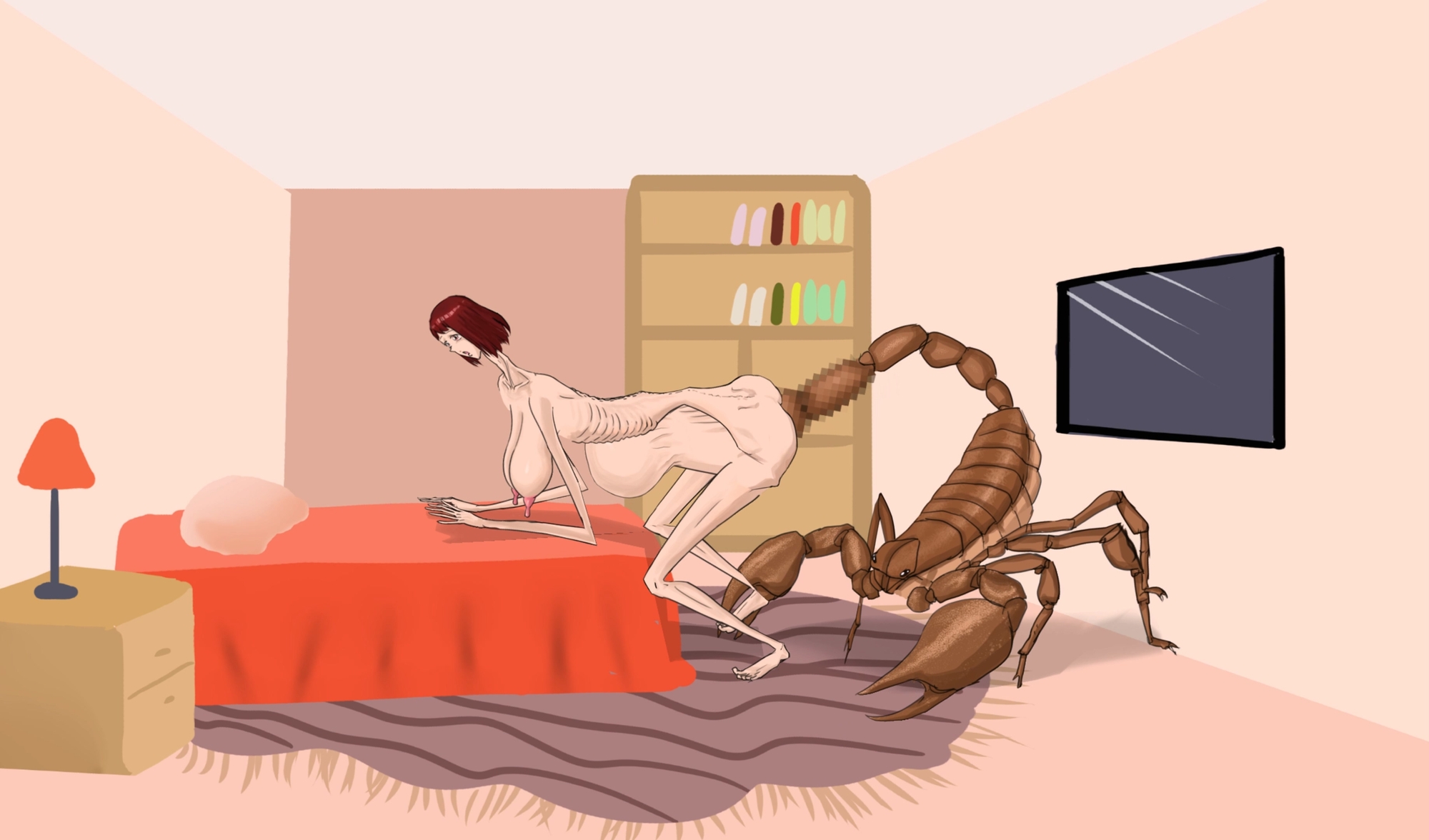 背が高く痩せた女性が寝室のベッドでアリゾナ樹皮サソリによる性的暴行を受け、膣脱出を起こした