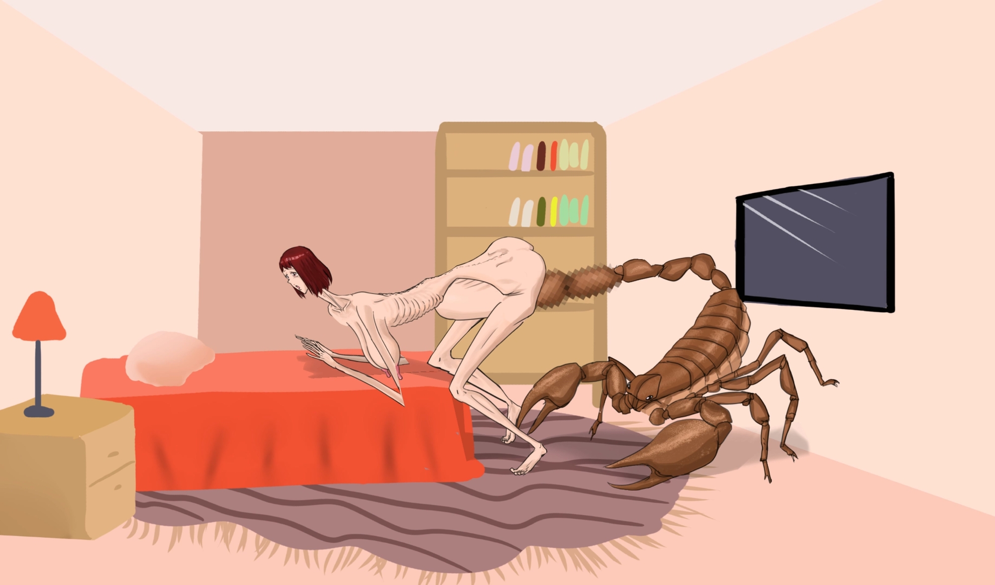 背が高く痩せた女性が寝室のベッドでアリゾナ樹皮サソリによる性的暴行を受け、膣脱出を起こした