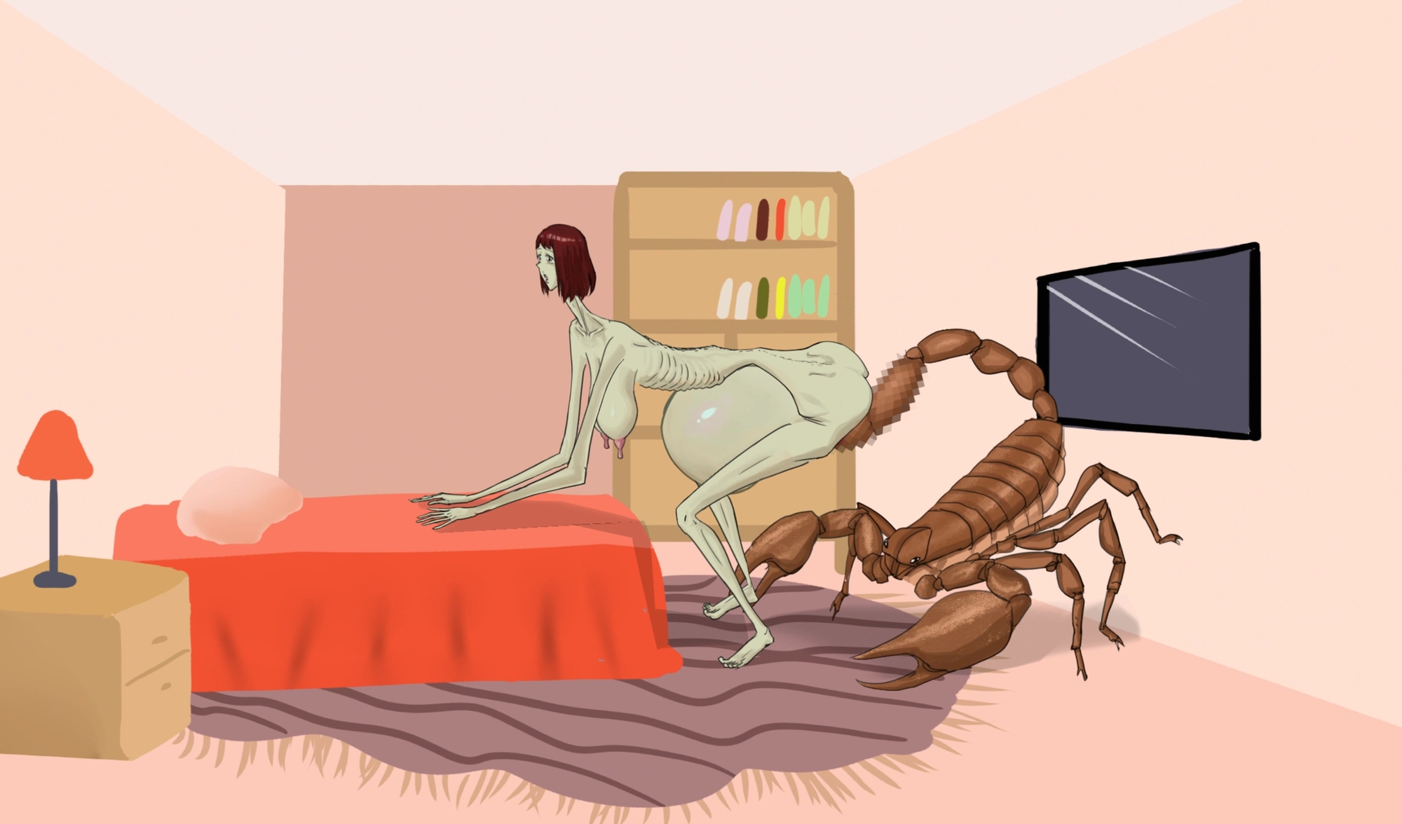 背が高く痩せた女性が寝室のベッドでアリゾナ樹皮サソリによる性的暴行を受け、膣脱出を起こした