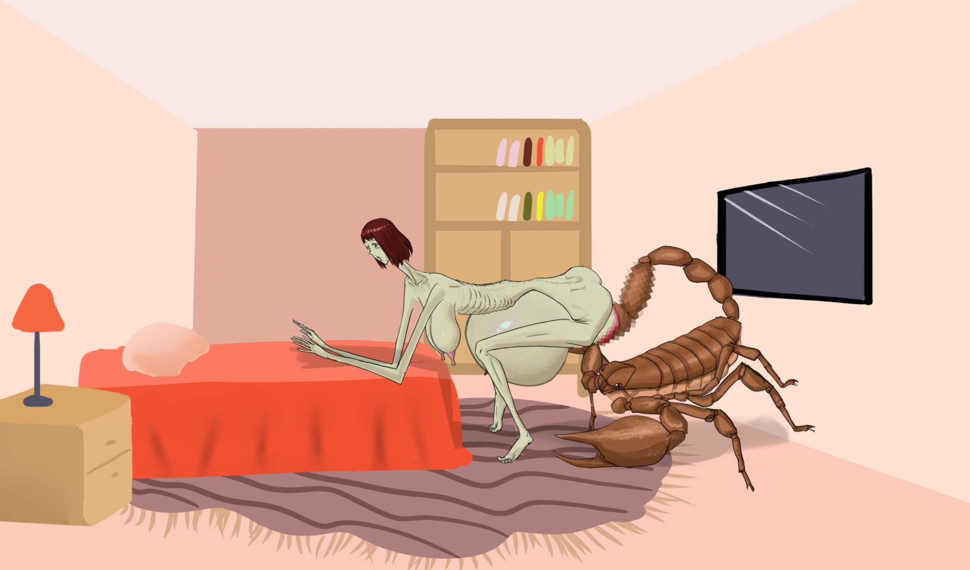 背が高く痩せた女性が寝室のベッドでアリゾナ樹皮サソリによる性的暴行を受け、膣脱出を起こした