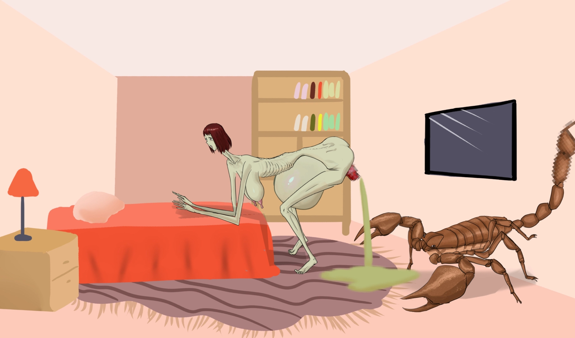 背が高く痩せた女性が寝室のベッドでアリゾナ樹皮サソリによる性的暴行を受け、膣脱出を起こした