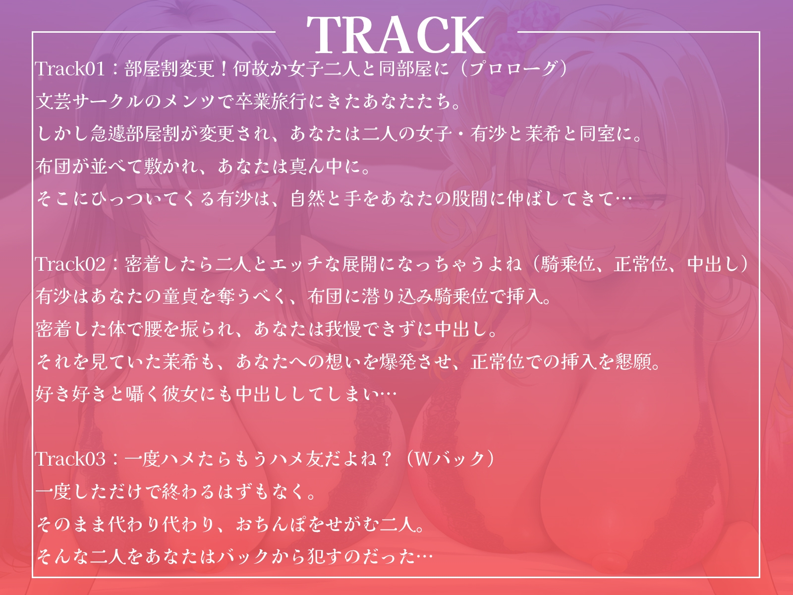 卒業旅行で部屋割急遽変更！?陽キャ女子二人に挟まれて陰キャなあなたの童貞が危ない！～憧れの先輩ギャルと清楚系JDに逆レ○プされるハーレム旅行～【KU100収録】