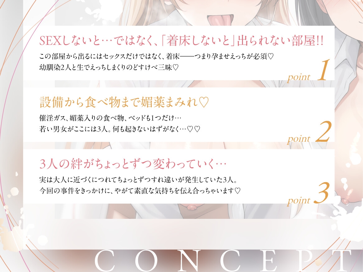 着床しないと出られない部屋 with幼馴染ツインズ ～ツンデレ&不思議系な二人と、ハチャメチャ空間でどちゃハメいちゃあま孕ませ純愛えっち～【そこラブホじゃないヨ笑】