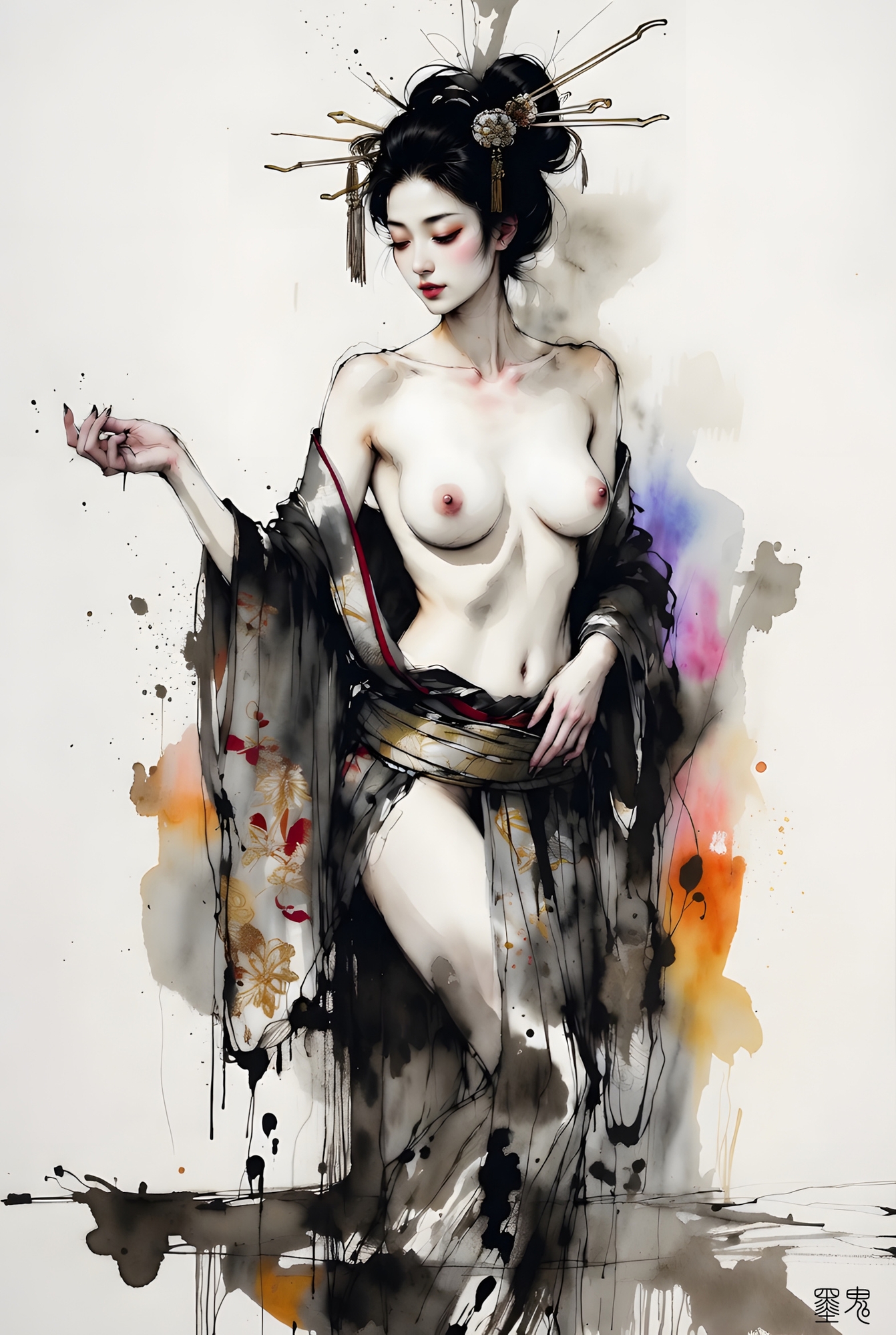 【80P/水彩画】墨鬼 官能美術画集 - 和服麗人と美しき裸婦の艶姿CG集