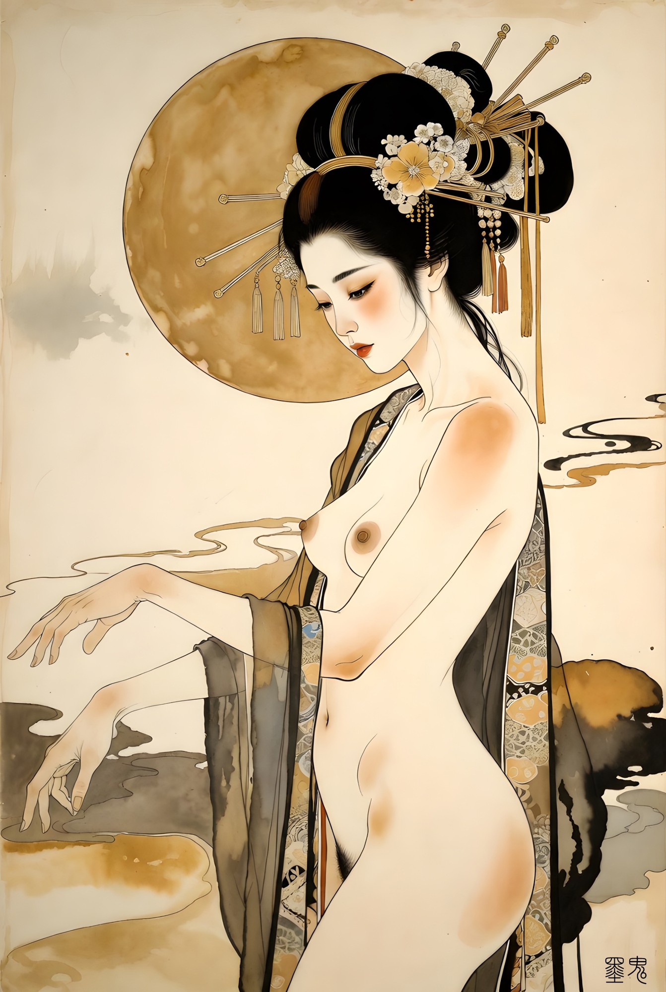 【80P/水彩画】墨鬼 官能美術画集 - 和服麗人と美しき裸婦の艶姿CG集