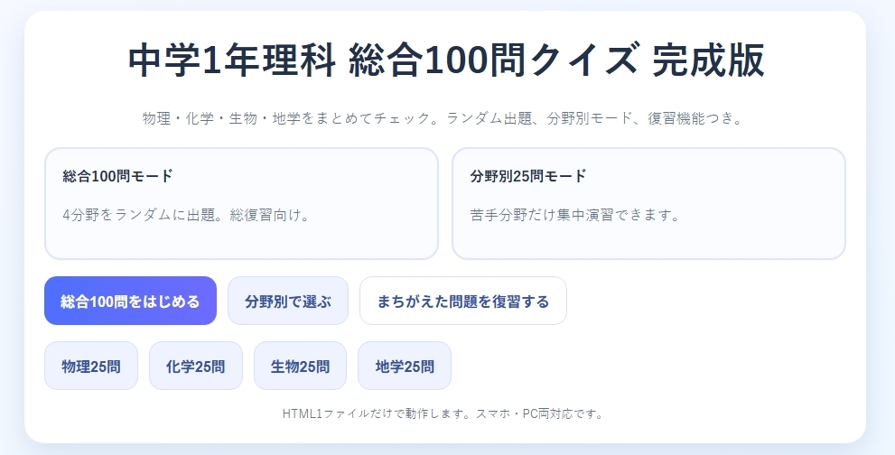 中学1年理科・総合100問クイズ【物理・化学・生物・地学】+授業用プリント付き