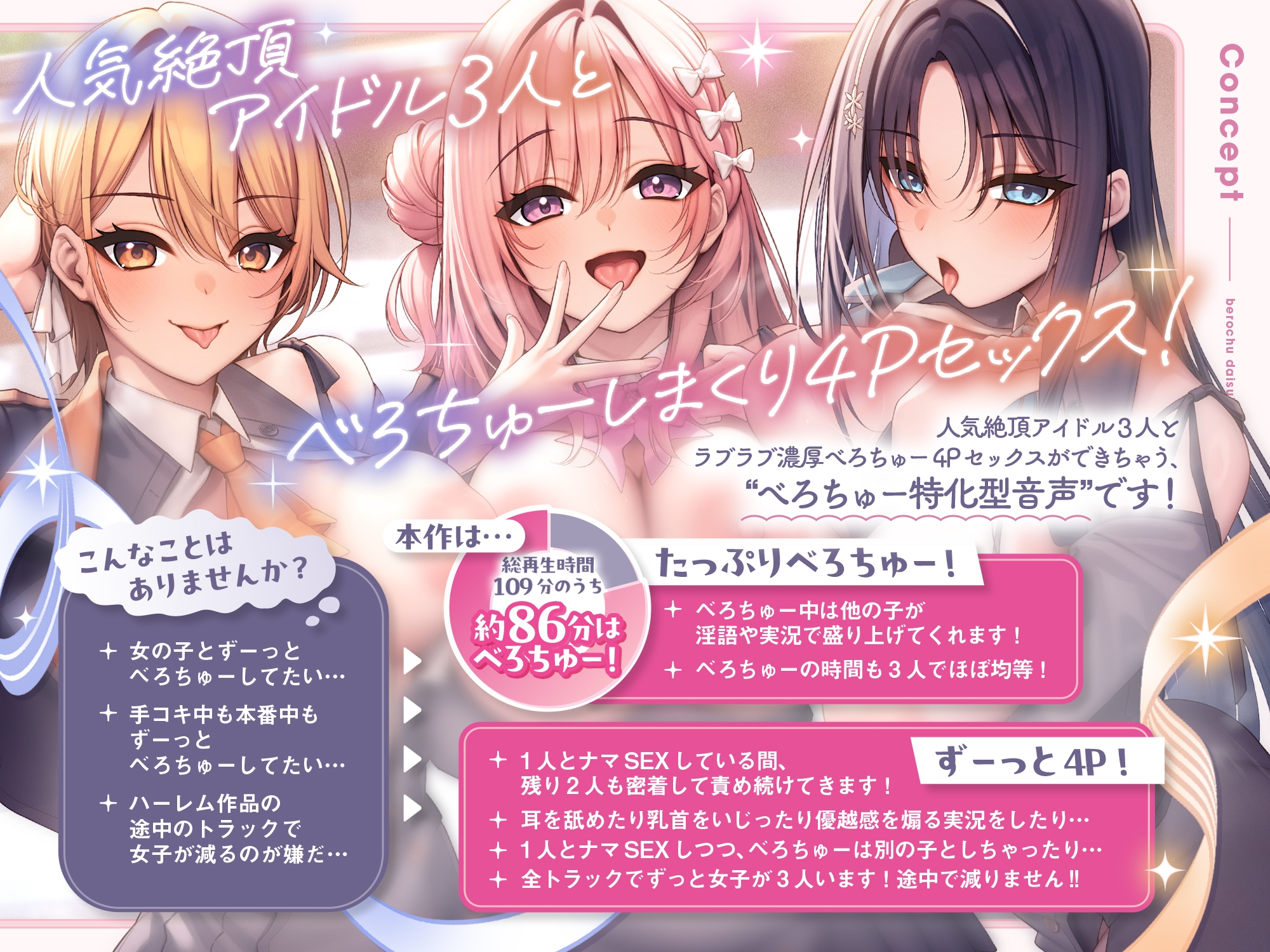 べろちゅー大好きアイドル3人と優越感MAXハーレム4P-かわるがわる濃厚ラブラブべろちゅー&優越感ムクムク実況&好きな子を選んで密着4PべろちゅーナマSEX-【キス特化】